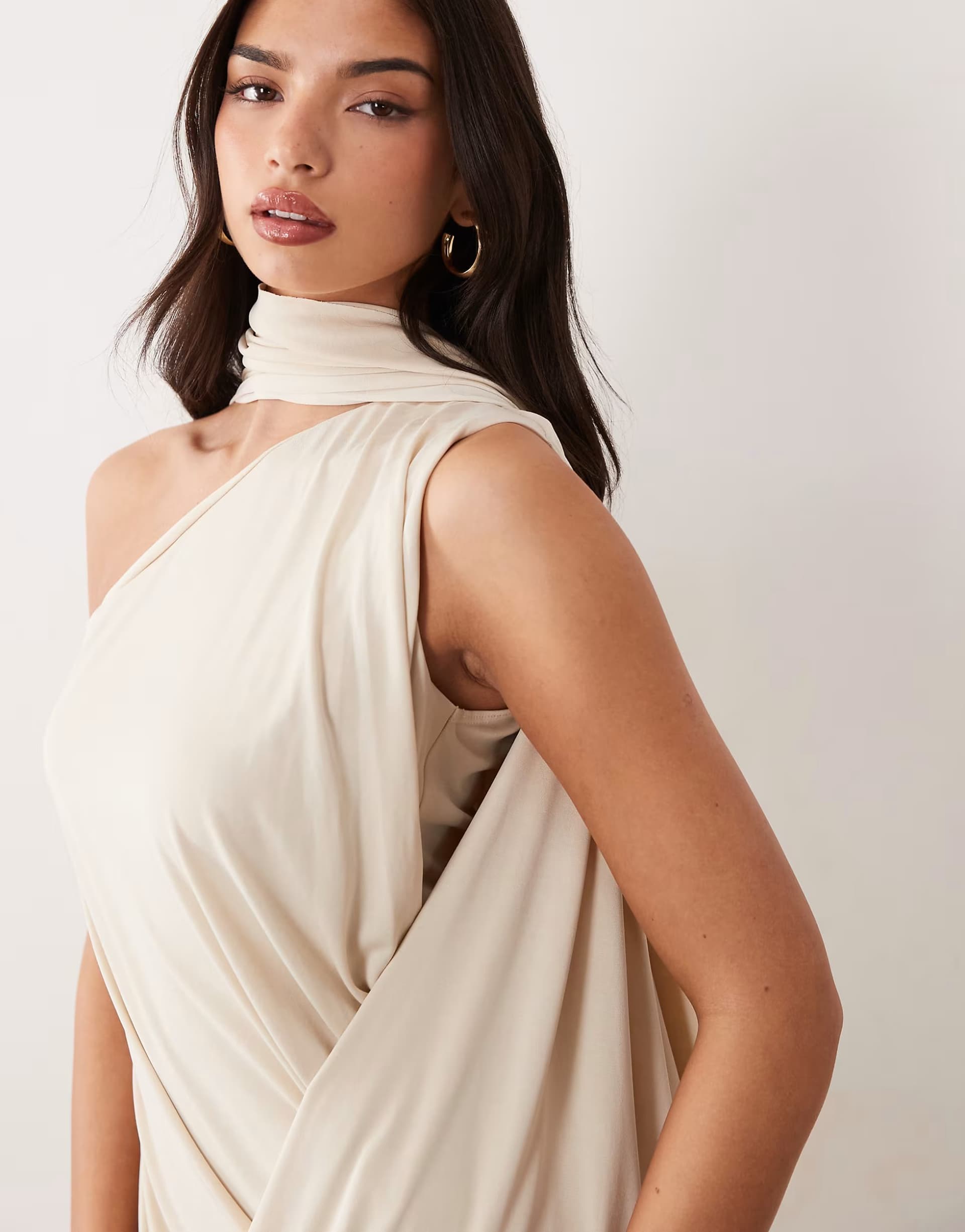 ASOS ASOS DESIGN one shoulder scarf wrap dress in cream