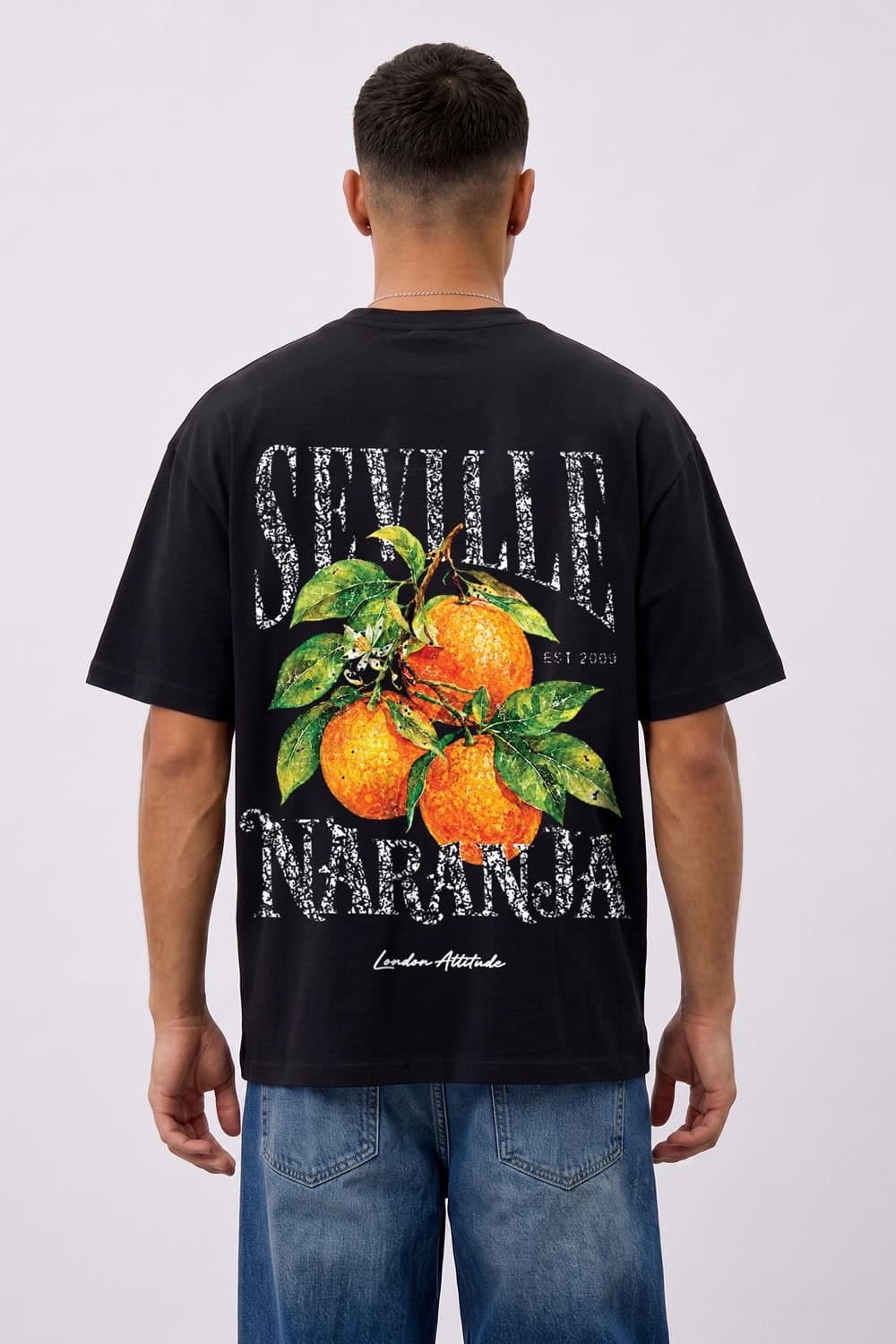 LONDON ATTITUDE LONDON ATTITUDE Men's Black Oversized Seville Orange Printed T-Shirt