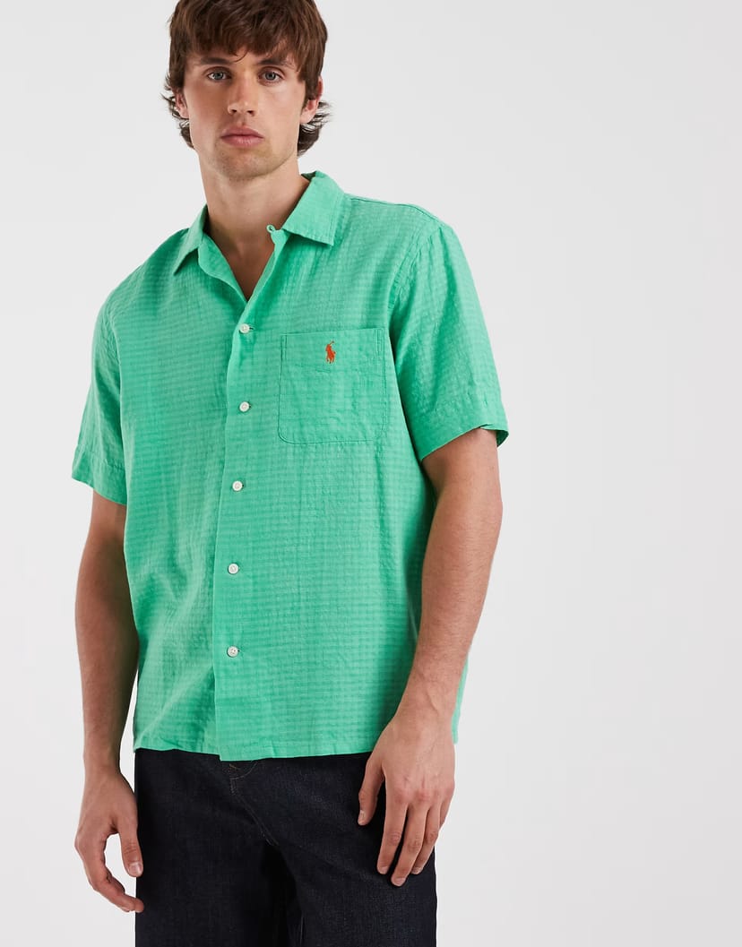 ASOS Polo Ralph Lauren icon logo short sleeve seersucker linen shirt in green - 1
