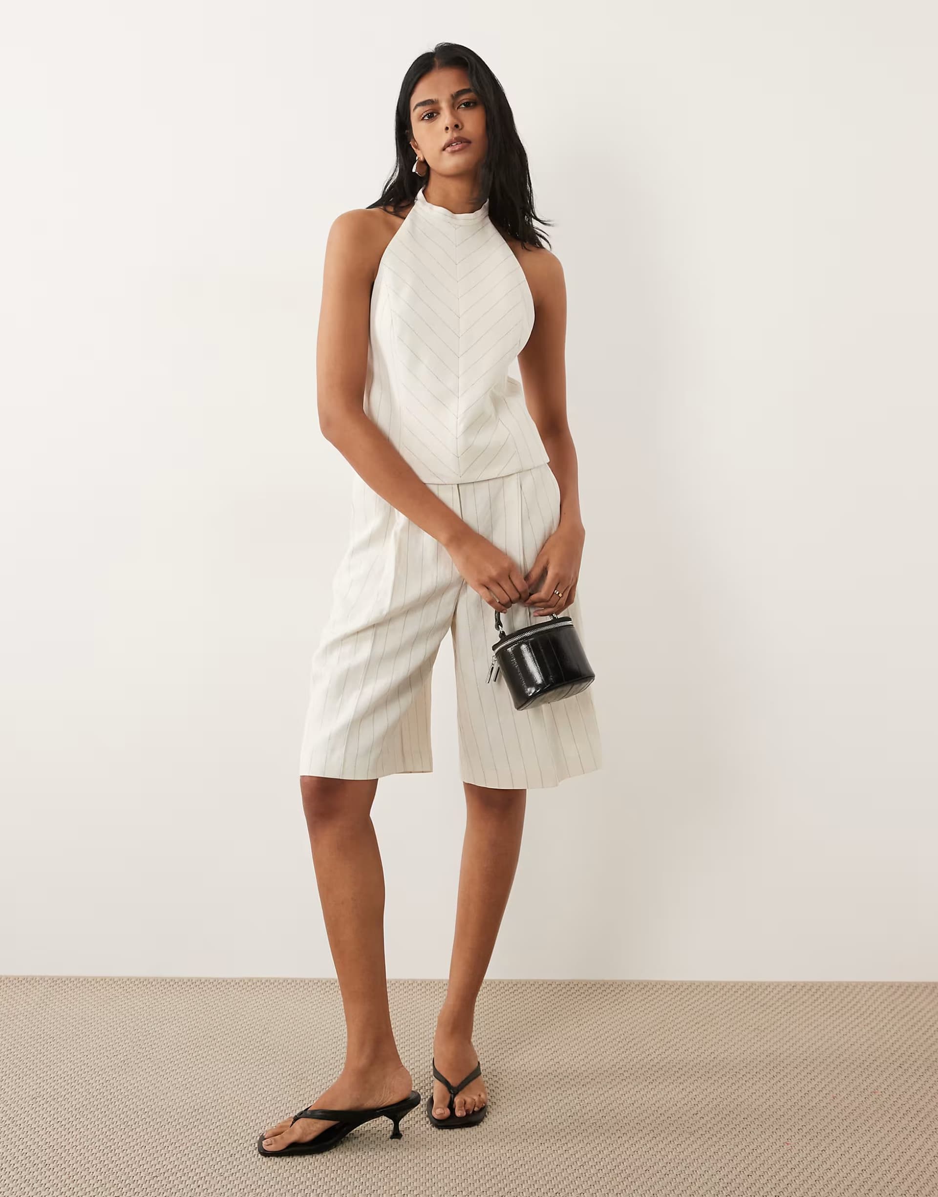 ASOS Mango Argelia halterneck top & short co-ord in cream stripe