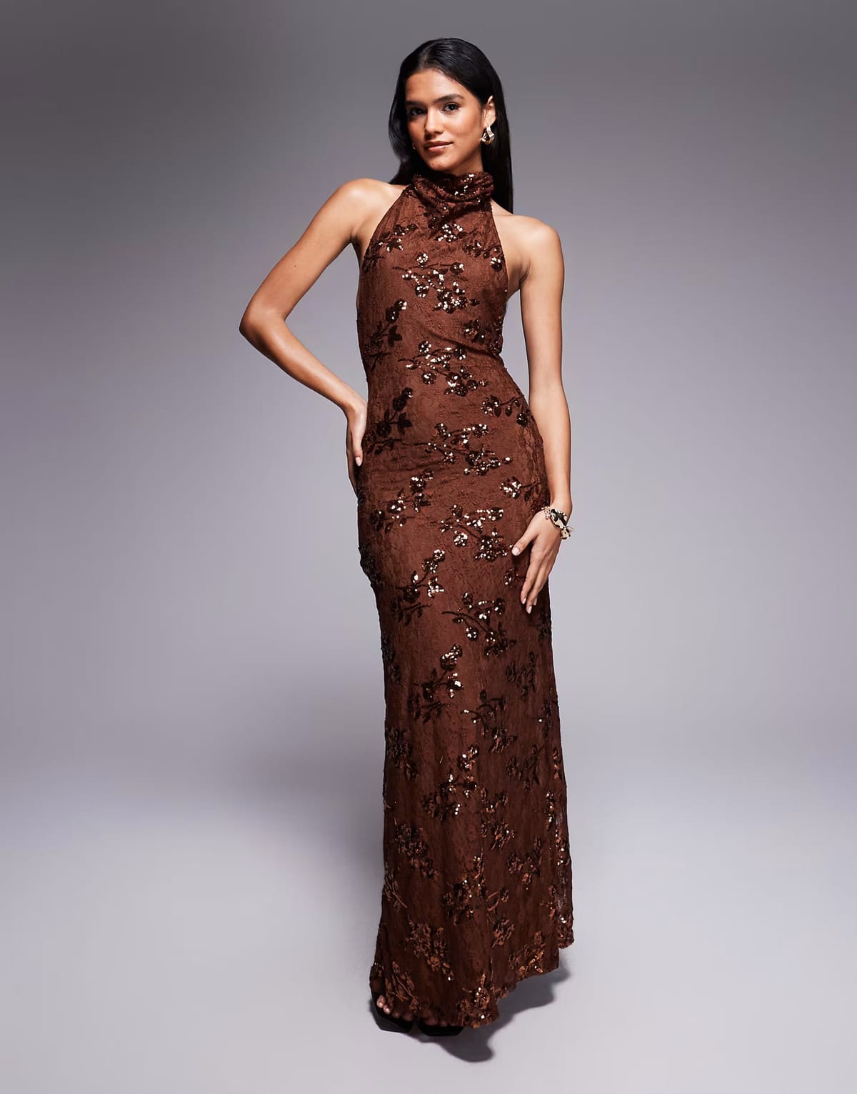 ASOS ASOS DESIGN sequin lace draped halterneck maxi dress with open back in brown - 1