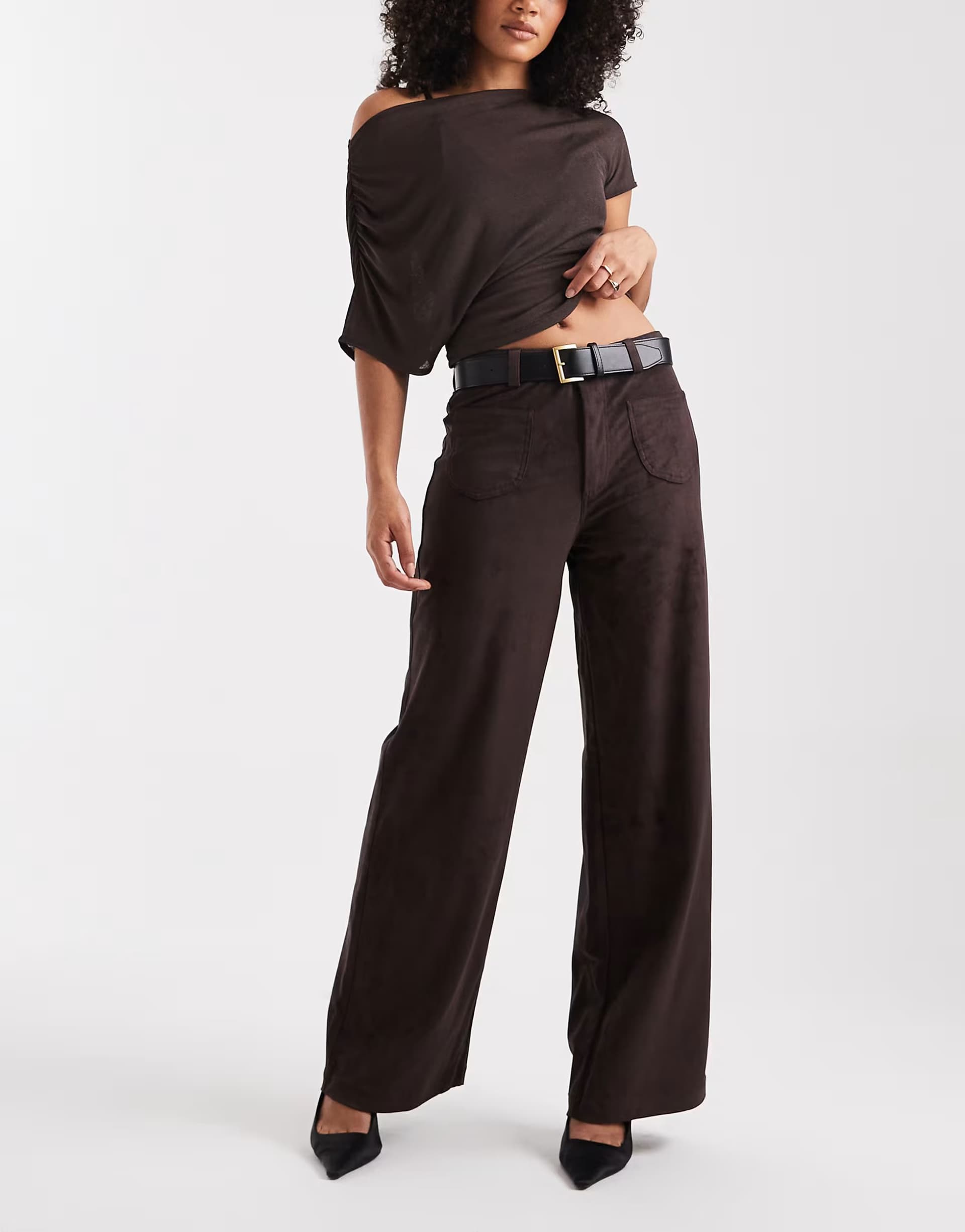 ASOS ONLY faux suede wide leg trousers in brown