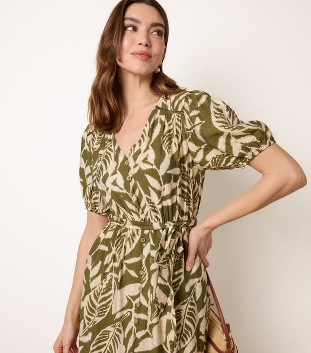 Blue Vanilla Women's Dark Khaki Leaf Print Button Detail Midi Dress Blue Vanilla New Look - 2