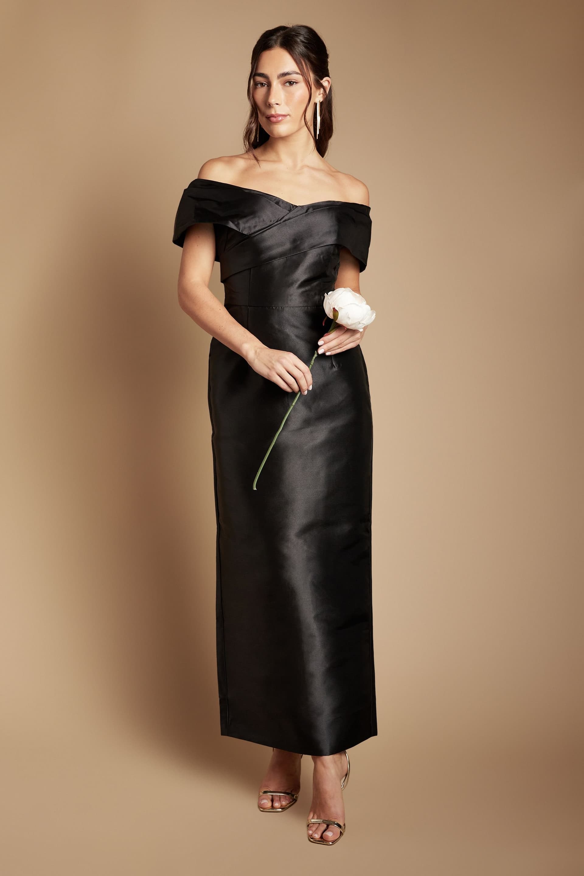 Coast Coast Women's Twill Bardot Pleat Detail Column Detail Maxi Bridesmaid Dress in Black
