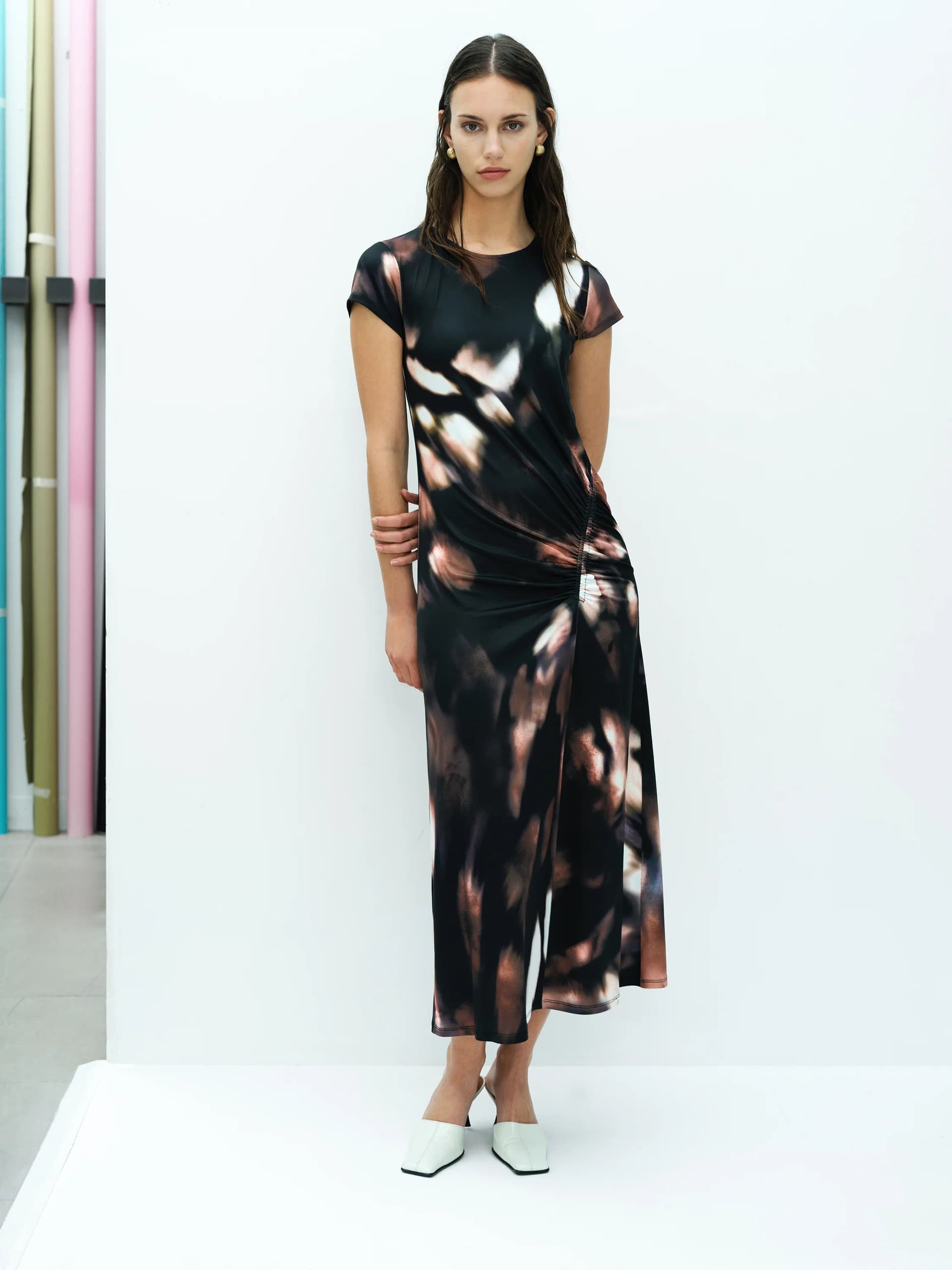 French Connection Josephine Abstract Printed Jersey Ruched Midi Dress Brown Multi