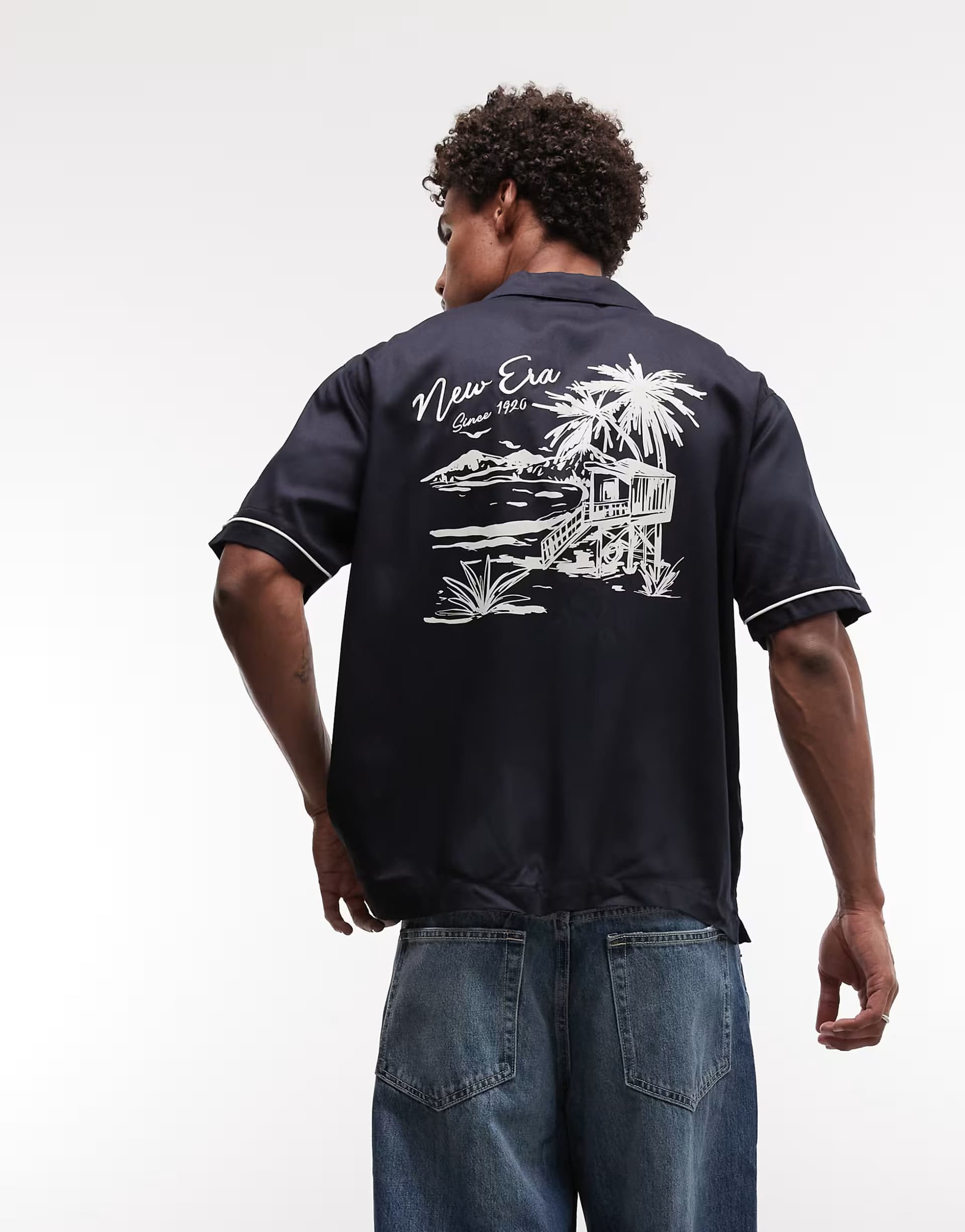 ASOS New Era graphic logo short sleeve revere shirt in navy
