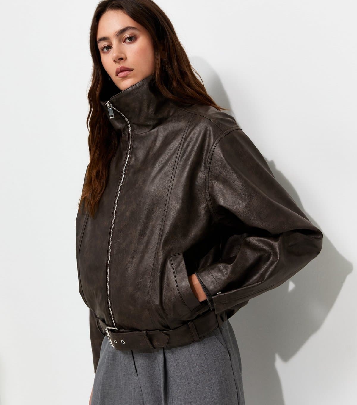 New Look Women's Brown Faux Leather Buckle Hem Funnel Neck Jacket New Look
