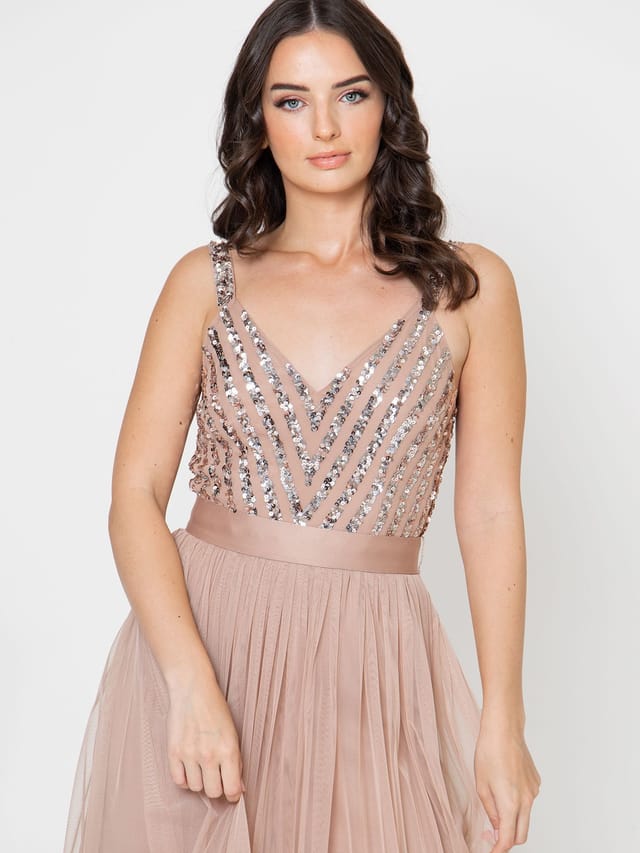 Maya Deluxe Maya Deluxe Women's Stripe Embellished Maxi Dress in Taupe - 2