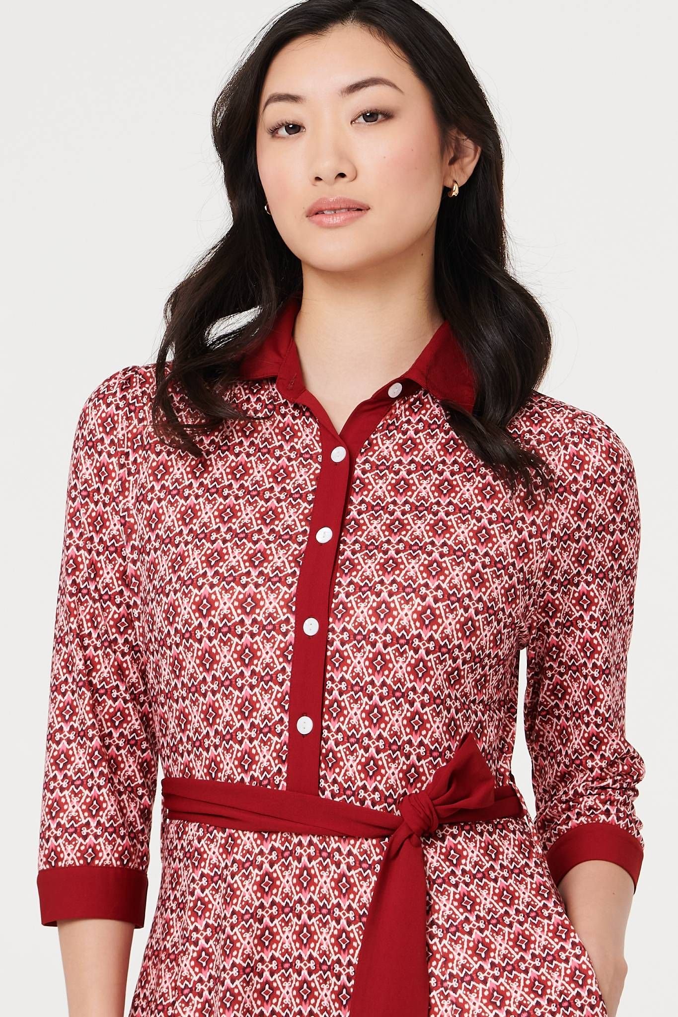 Izabel London Izabel London Women's Printed 3/4 Sleeve Tie Waist Maxi Dress in Pink - 2