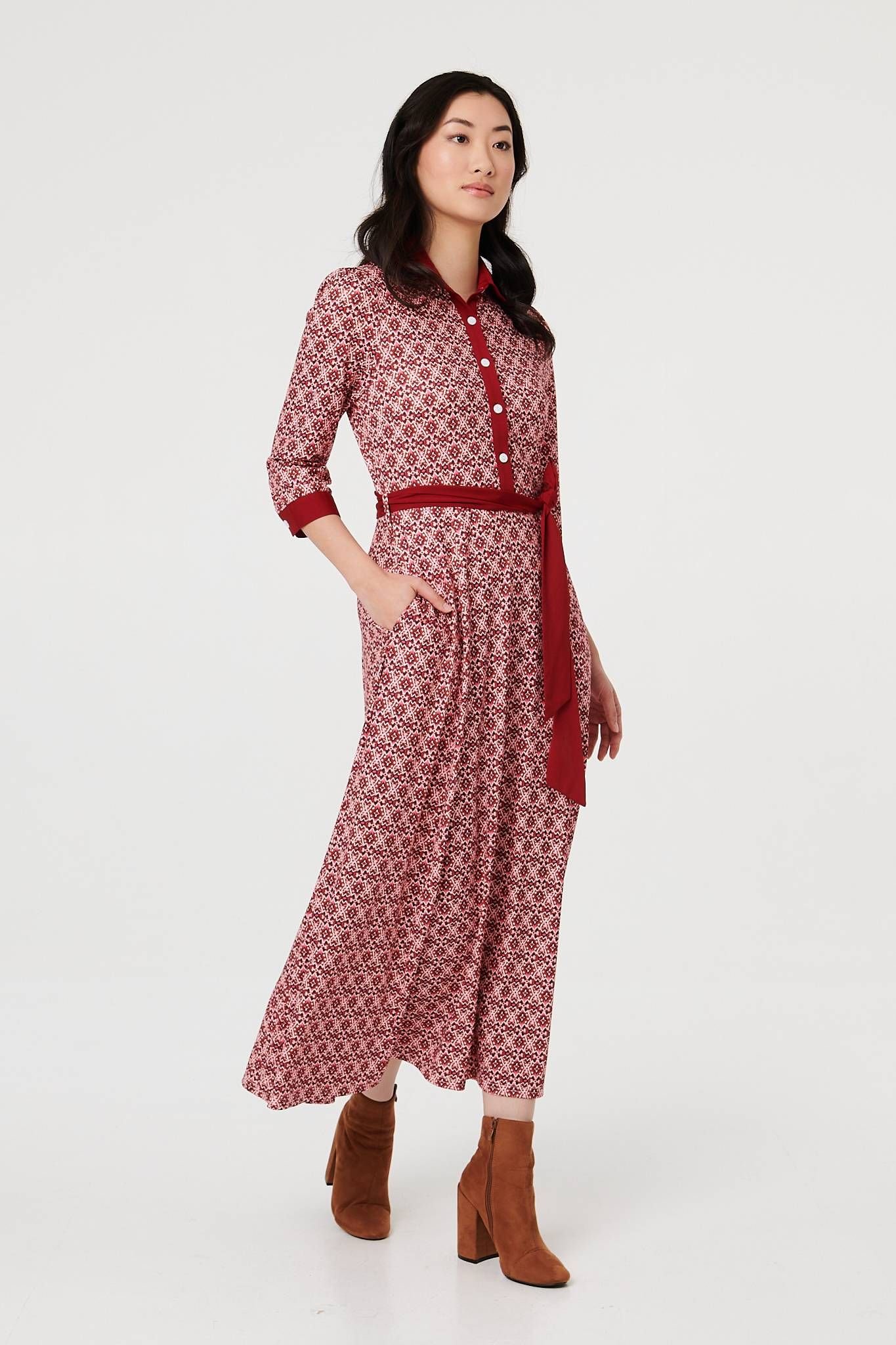 Izabel London Izabel London Women's Printed 3/4 Sleeve Tie Waist Maxi Dress in Pink - 4