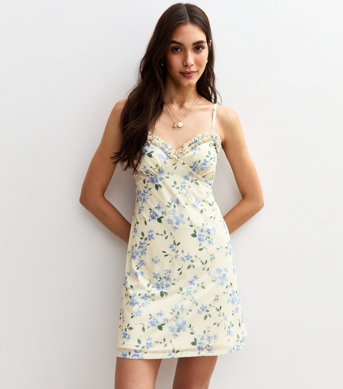 New Look Women's White Floral Print Ruffle Trim Mini Dress New Look