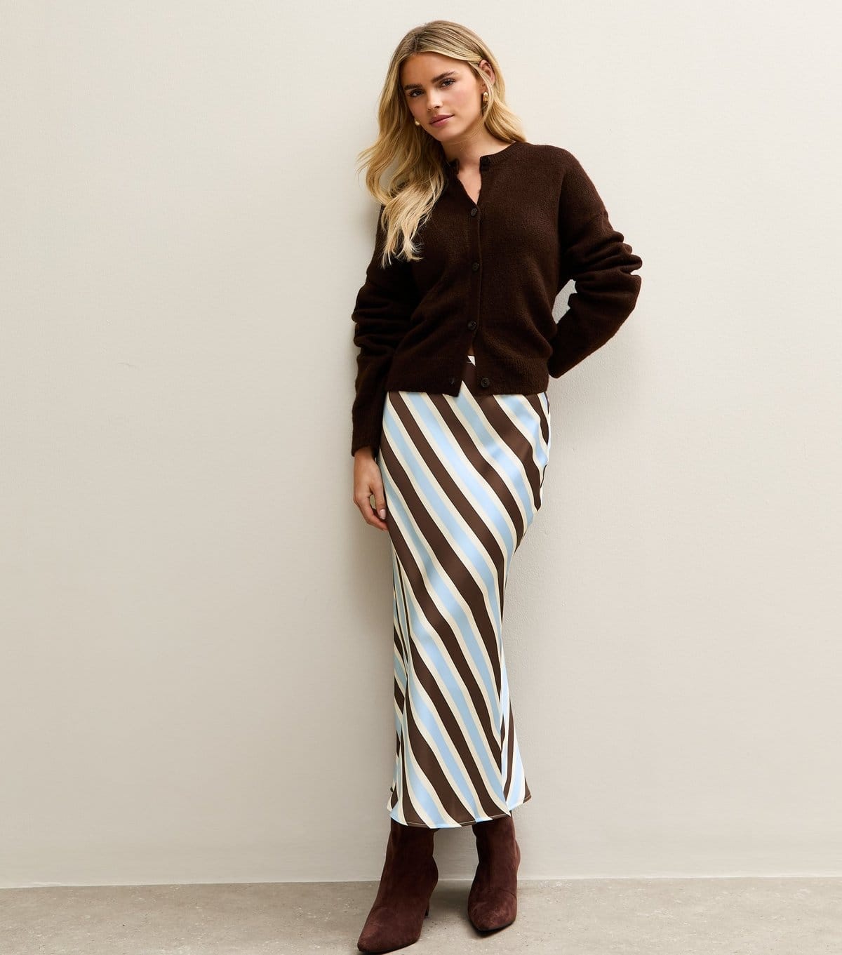 New Look Brown Striped Satin Bias Cut Midi Skirt