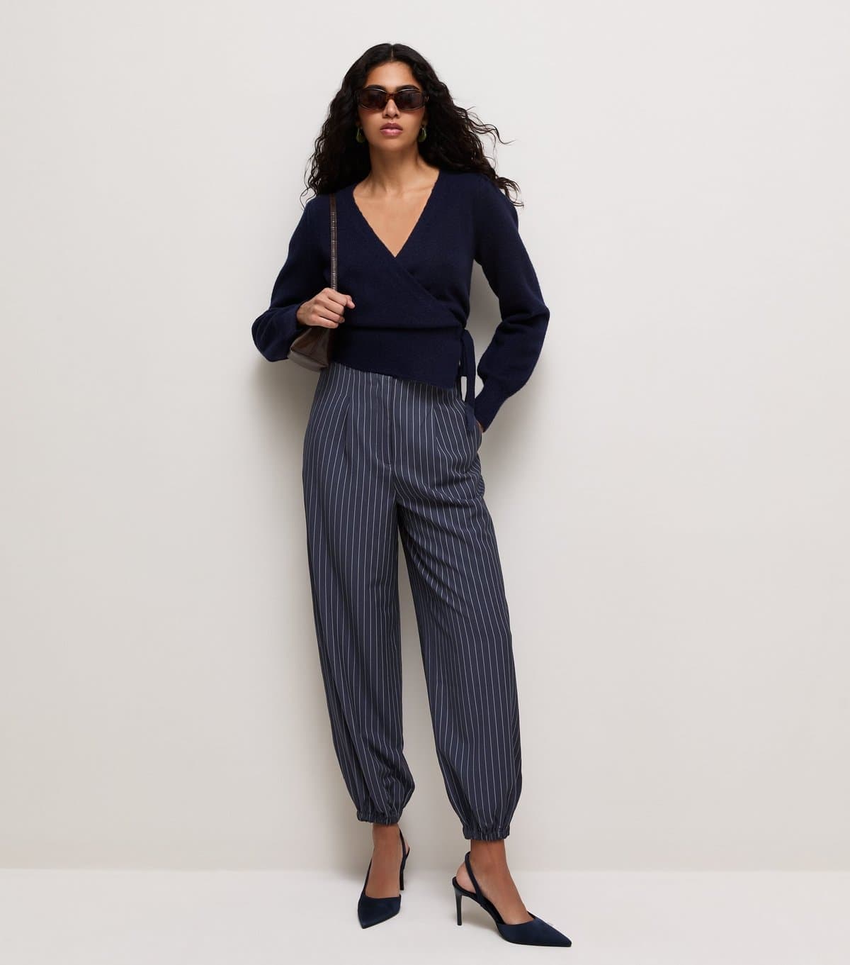 New Look Women's Blue Pinstriped Tapered Cuffed Trousers New Look