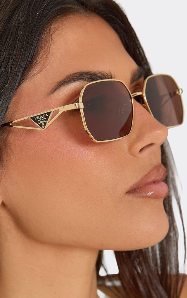 EGO Gold Frame Cut Out Side Logo Detail Tinted Lense Shaped Sunglasses In Brown, Women's Size UK 0 - 2