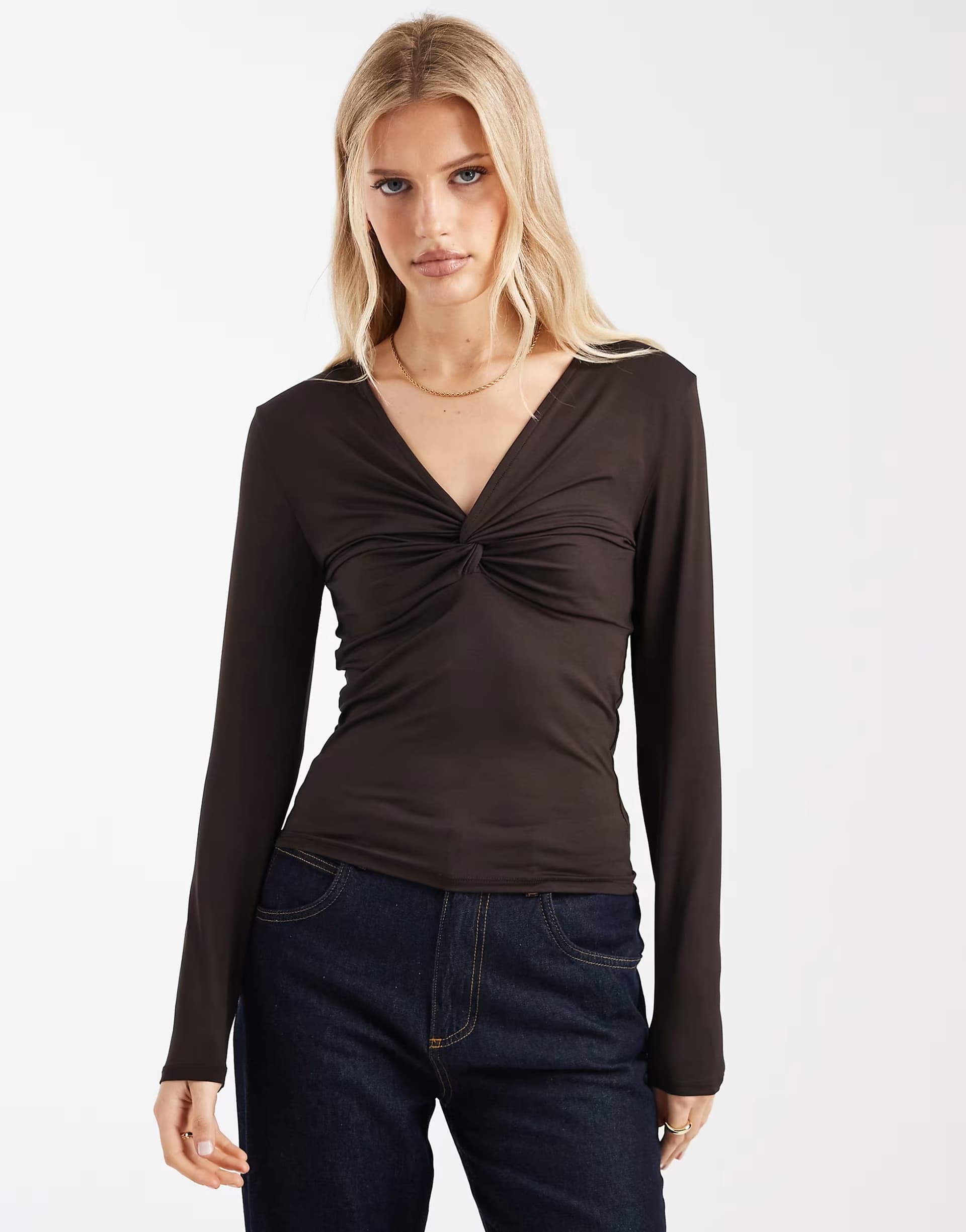 ASOS ONLY ruched detail long sleeve top in chocolate brown