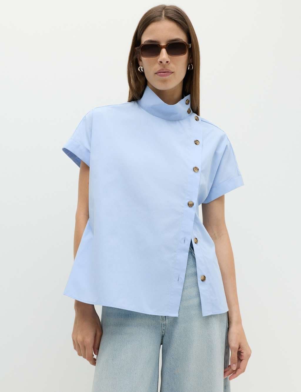 Marks & Spencer M&S Light Blue Funnel Neck Button Through Shirt