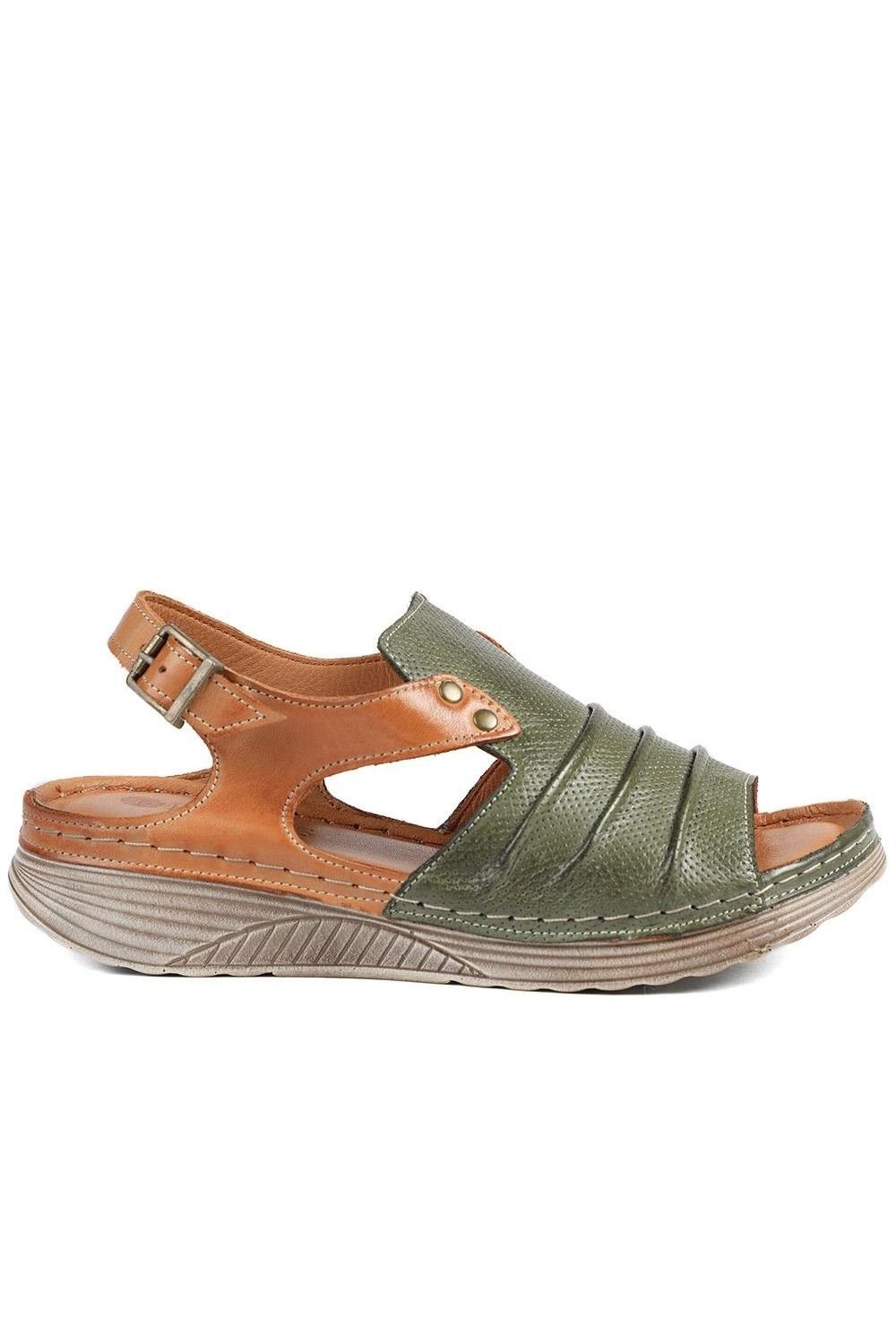 Pavers Pavers Women's Leather Wedge-Heeled Sandals in Khaki - 2
