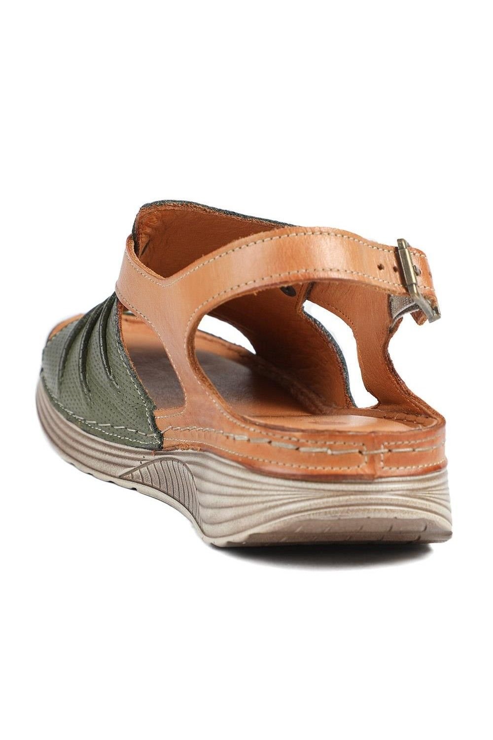 Pavers Pavers Women's Leather Wedge-Heeled Sandals in Khaki - 3