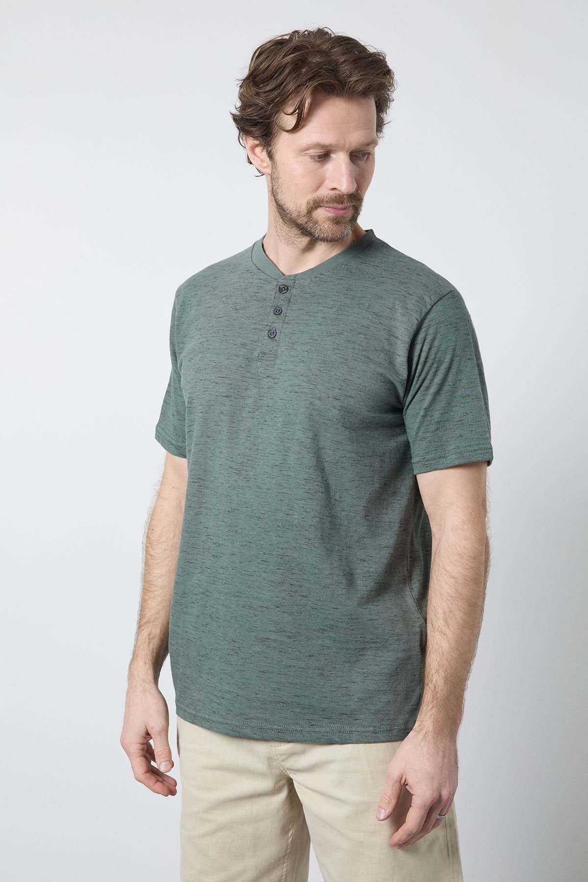 Maine Maine Men's Khaki Short Sleeve Slub Grandad Neck T-Shirt