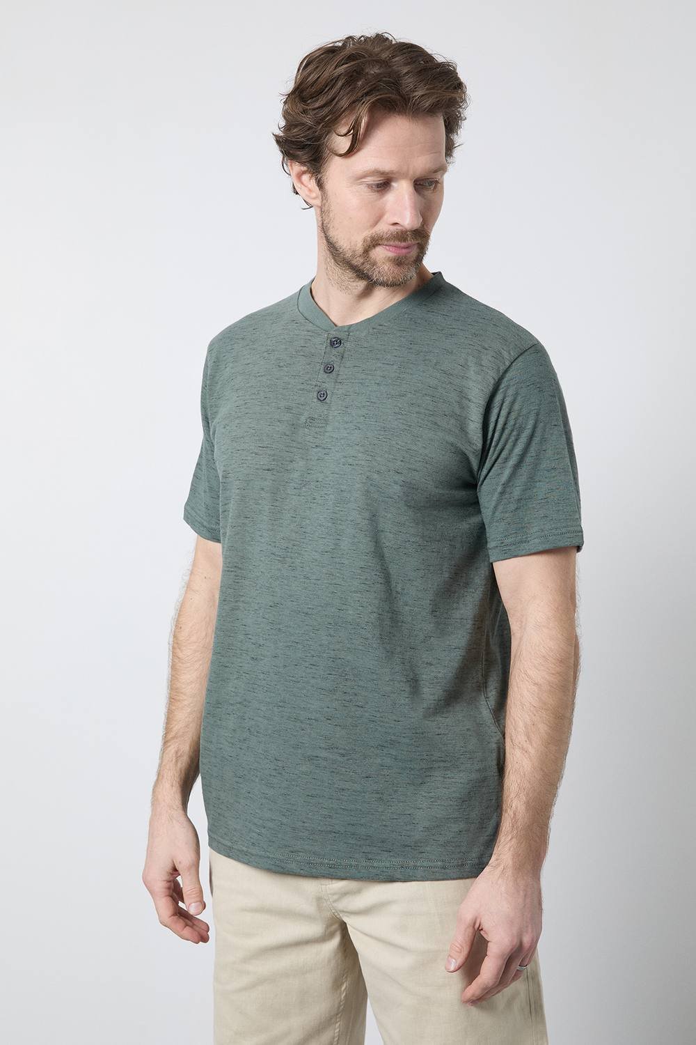 Maine Maine Men's Khaki Short Sleeve Slub Grandad Neck T-Shirt - 2