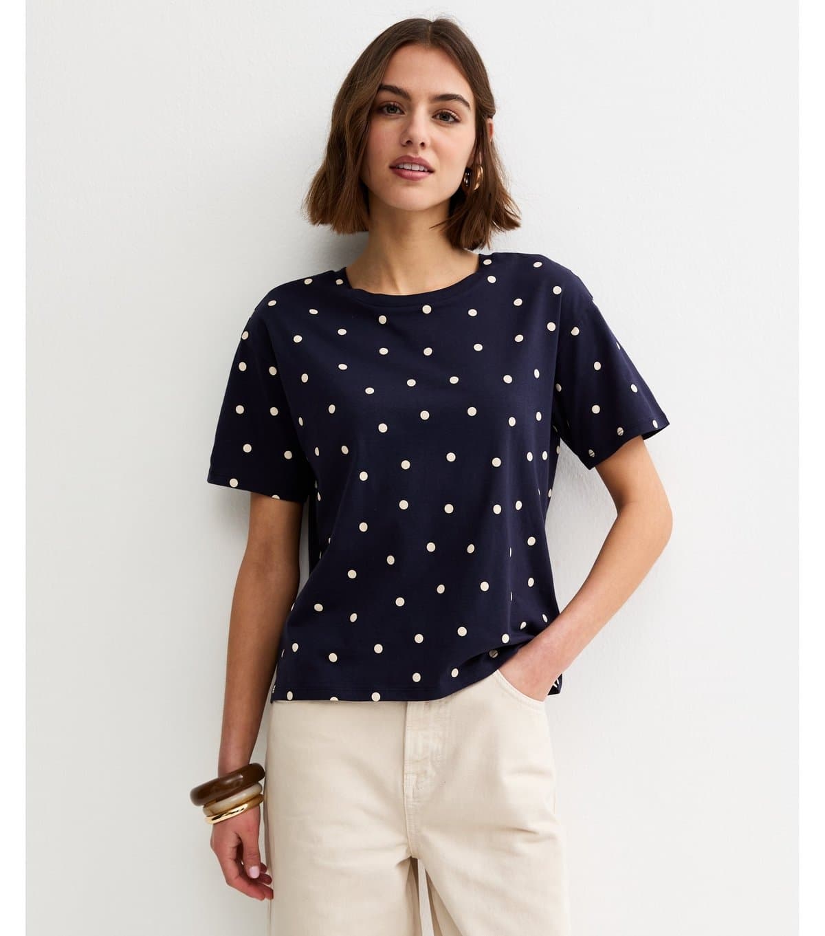 New Look Women's Navy Polka Dot Short Sleeve T-Shirt New Look
