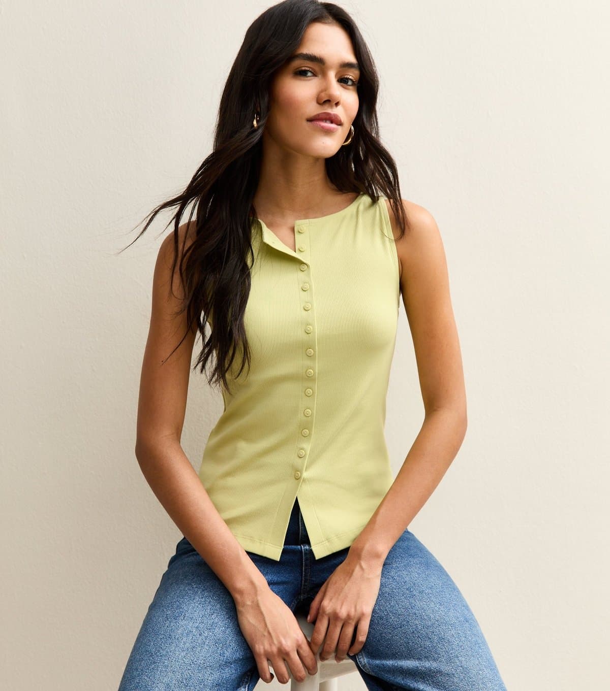 New Look Women's Light Green Button Through Tank Top New Look