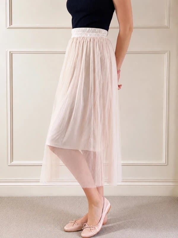 Bella Bird Cream Nude Tulle Midi Skirt / Balletcore Mesh / UK 10