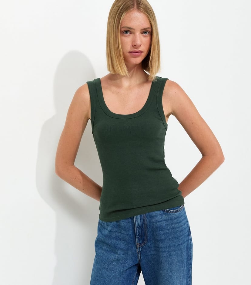 New Look Women's Dark Green Cotton Rich Scoop Neck Vest Top New Look - 1
