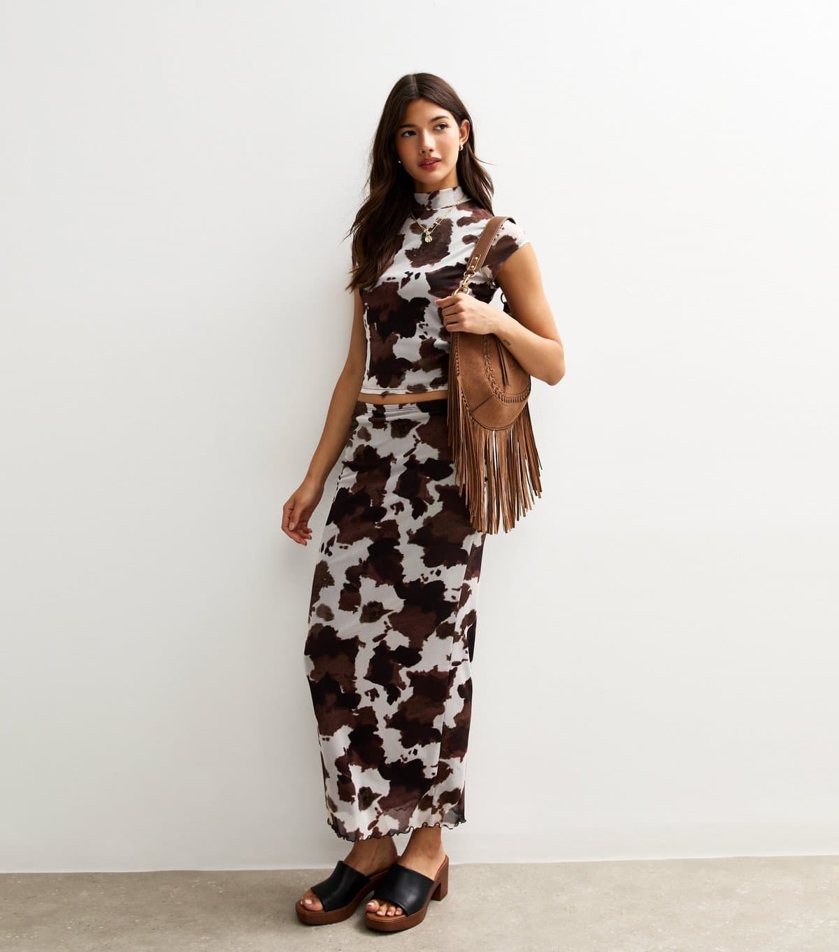 New Look Women's Brown Cow Print Mesh Midi Skirt New Look