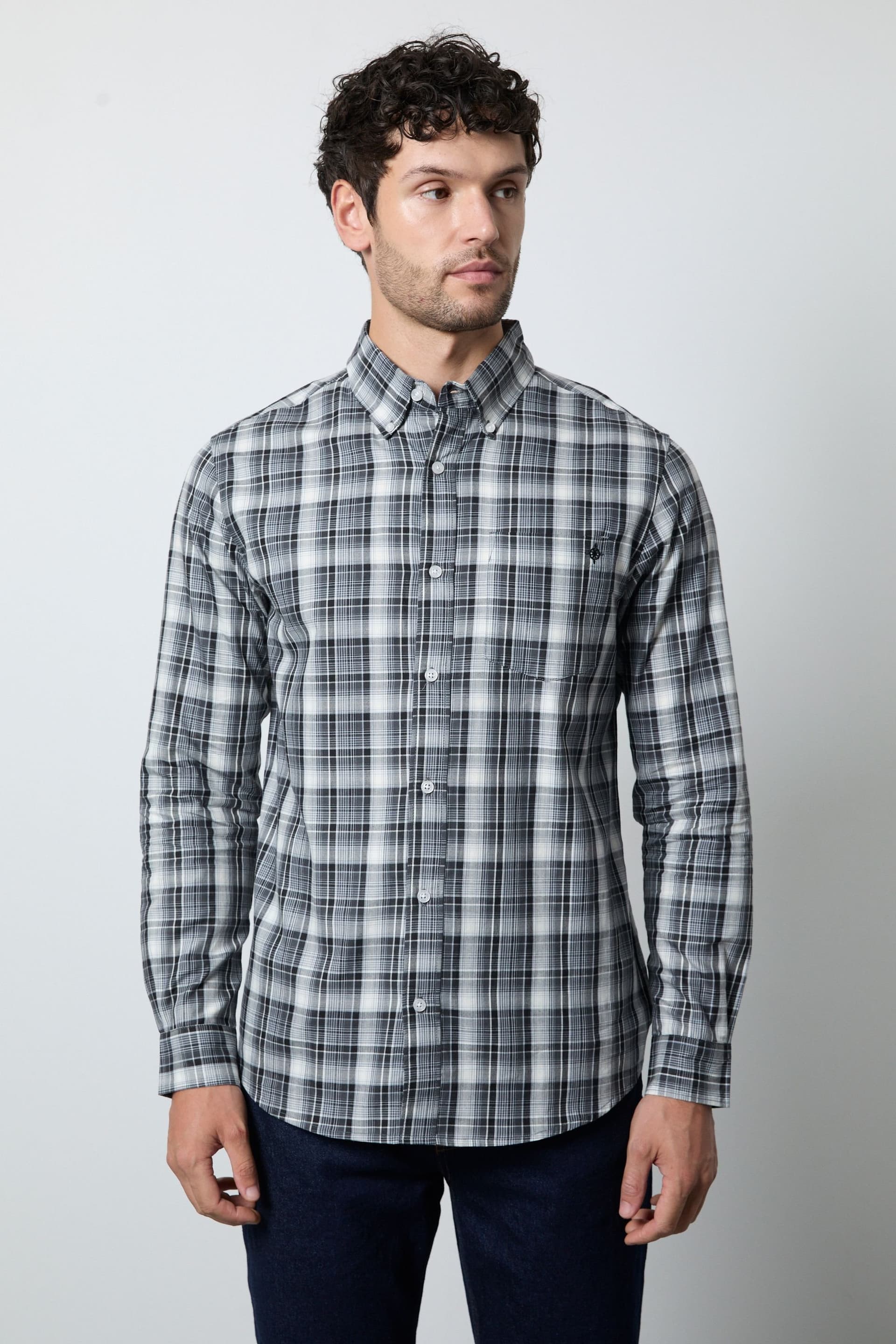 Maine Maine Men's Dark Grey Plaid Check Long Sleeve Shirt in Dark Green