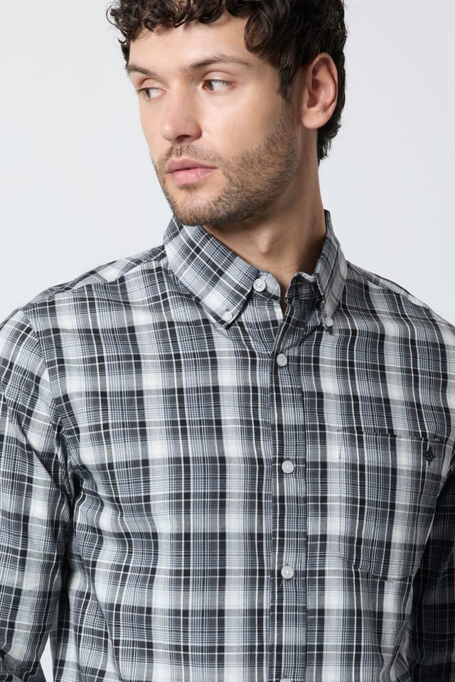 Maine Maine Men's Dark Grey Plaid Check Long Sleeve Shirt in Dark Green - 2