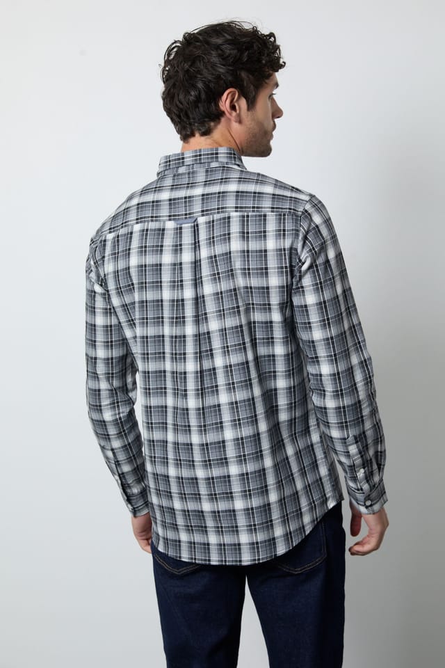 Maine Maine Men's Dark Grey Plaid Check Long Sleeve Shirt in Dark Green - 3