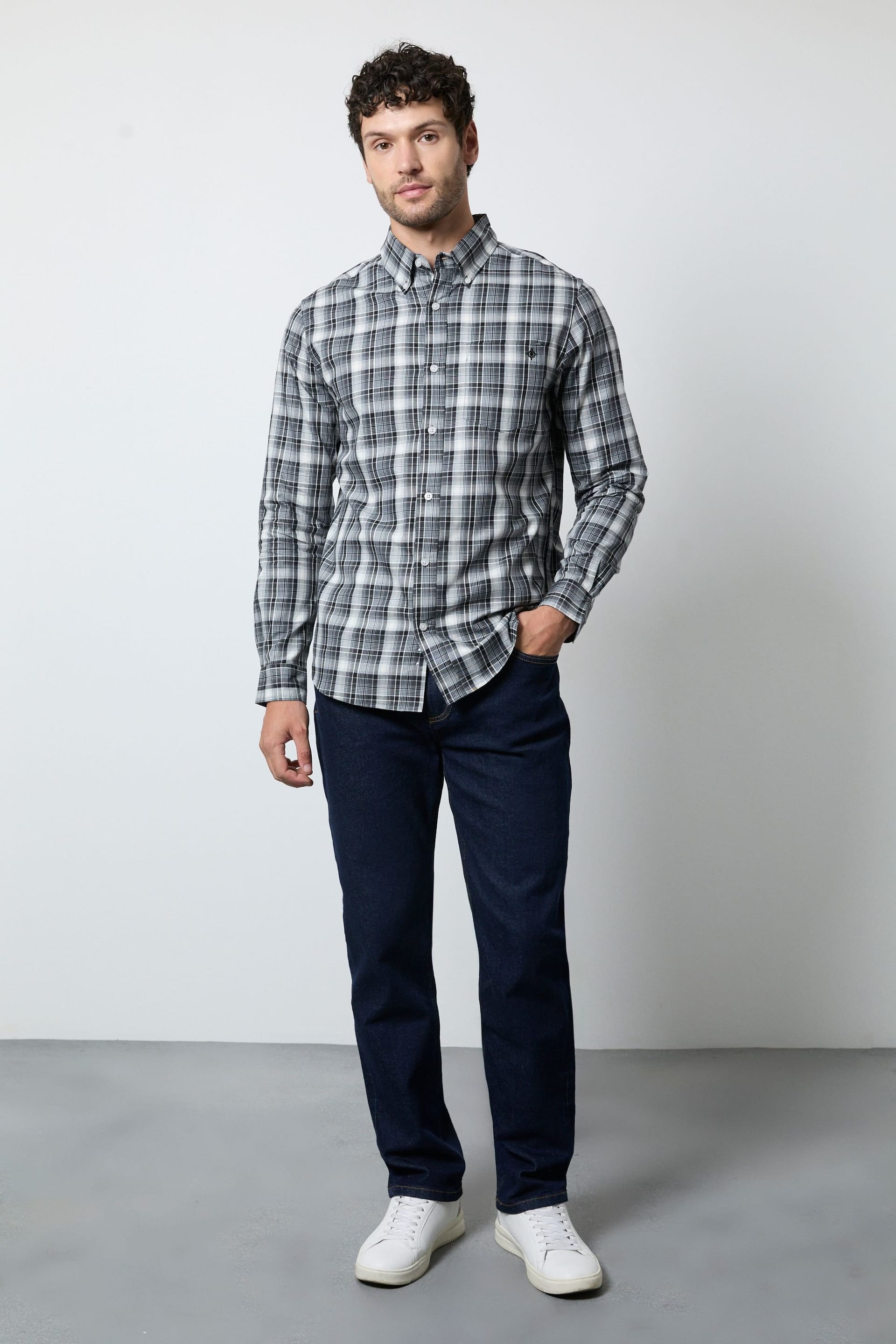 Maine Maine Men's Dark Grey Plaid Check Long Sleeve Shirt in Dark Green - 4