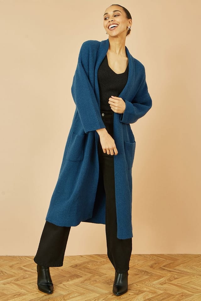 Yumi Yumi Women's Teal Knitted Maxi Cardigan With Pockets - 3