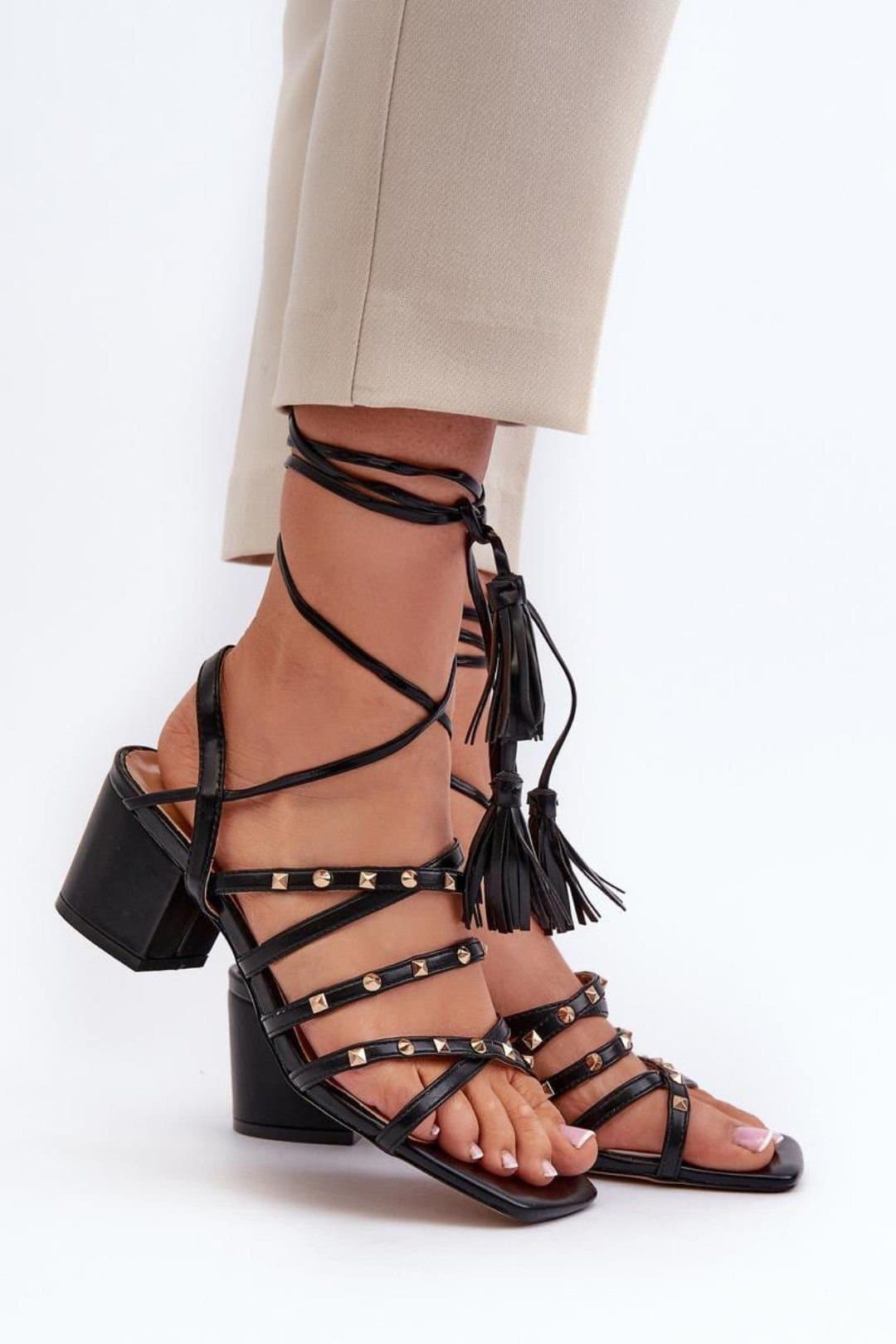 Love Lace Love Lace Women's Studded Interwoven Strap Heel Sandals with Lace Up in Black