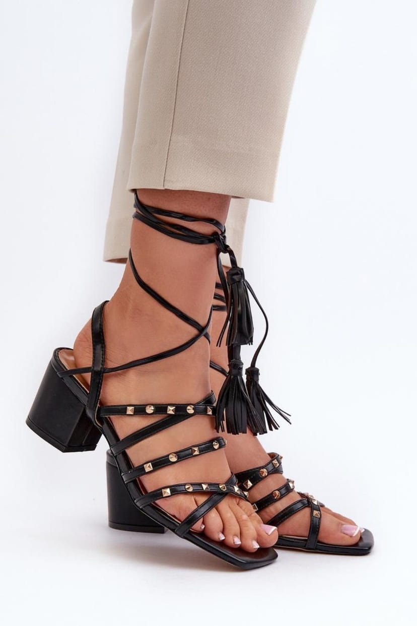 Love Lace Love Lace Women's Studded Interwoven Strap Heel Sandals with Lace Up in Black - 1