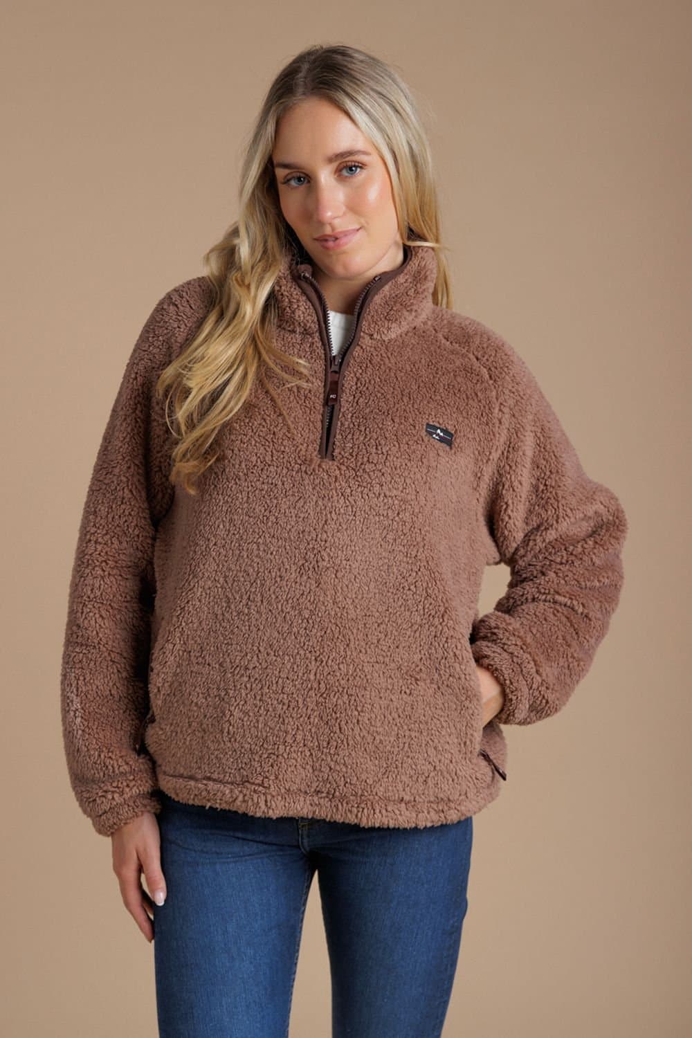 French Connection French Connection Women's Borg High Neck 1/2 Zip Fleece Pullover in Light Brown