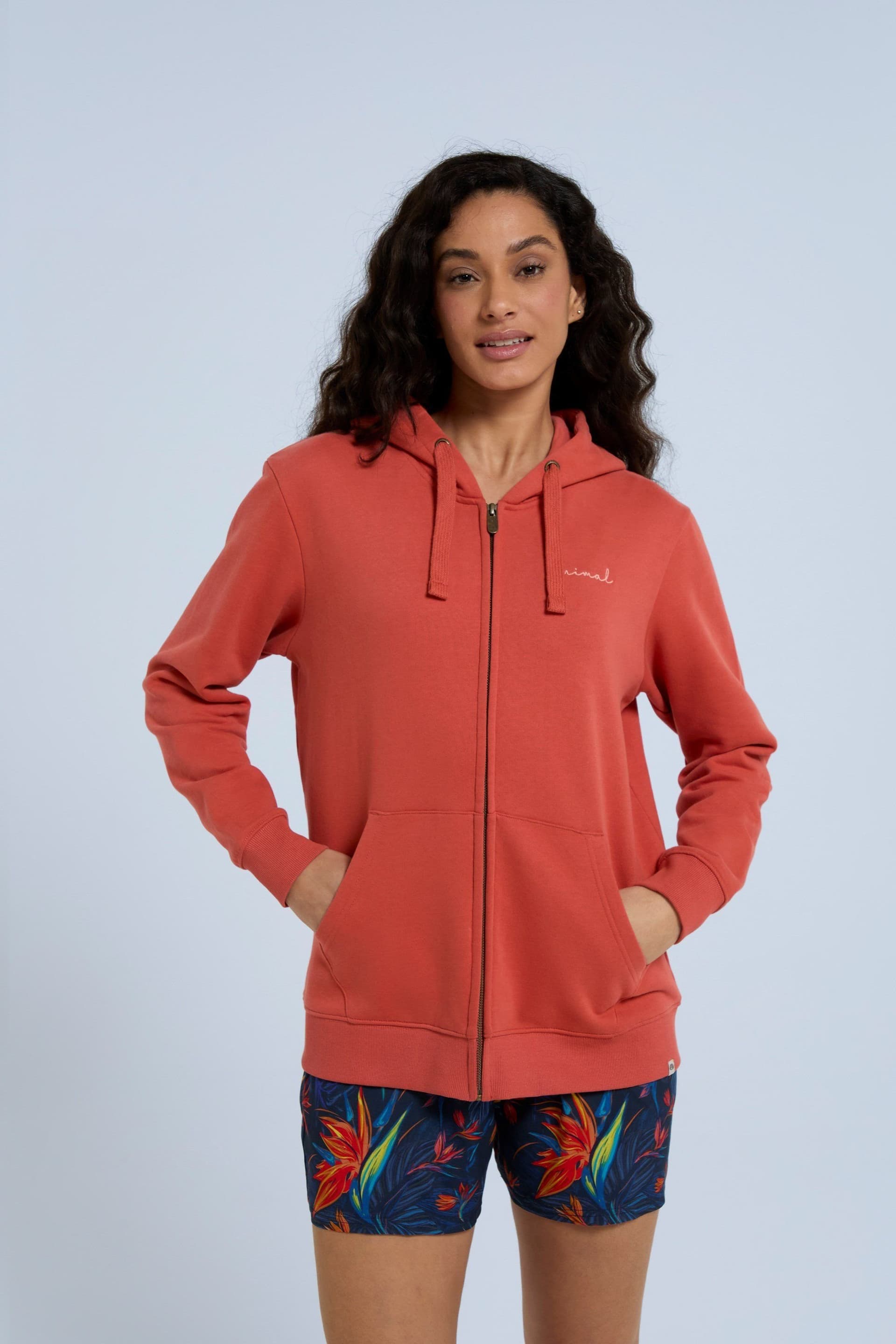 Animal Animal Women's 'Maya' Stylish Cotton Graphic Hoodie Lightweight Full Zip Sweatshirt in Burnt Orange