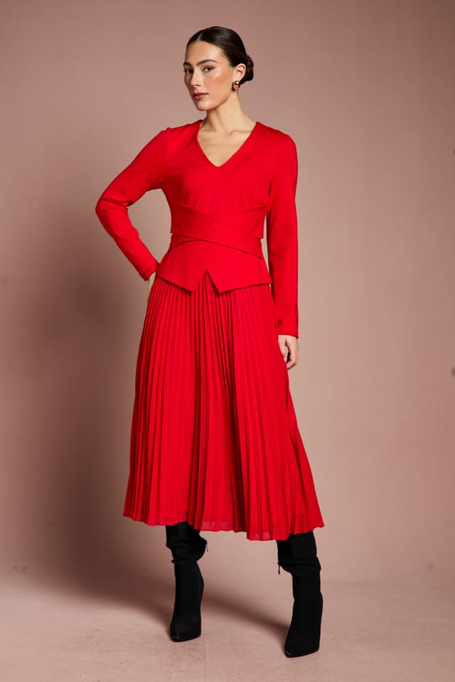 Coast Coast Women's Lisa Tan Long Sleeve Ponte Bodice With Pleated Skirt Midi Dress in Red - 2