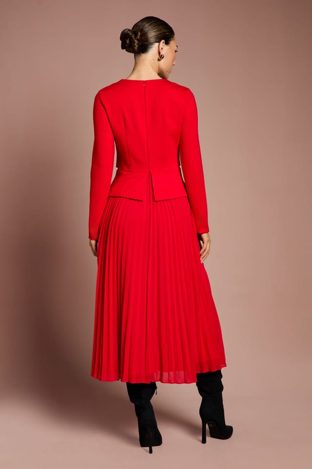 Coast Coast Women's Lisa Tan Long Sleeve Ponte Bodice With Pleated Skirt Midi Dress in Red - 3