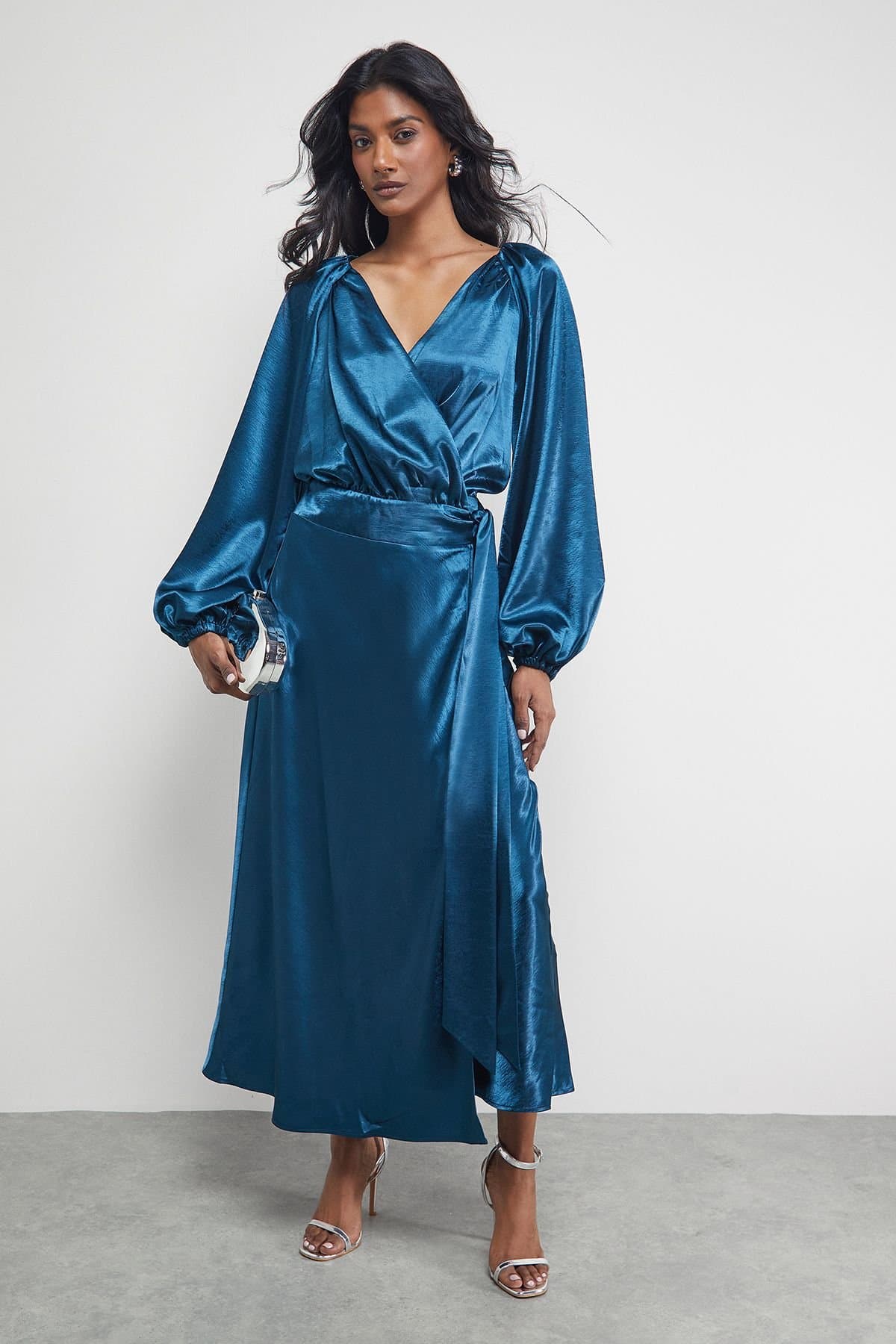 Warehouse Warehouse Women's Satin Tie Waist Wrap Ruffle Tier Maxi Dress in Teal