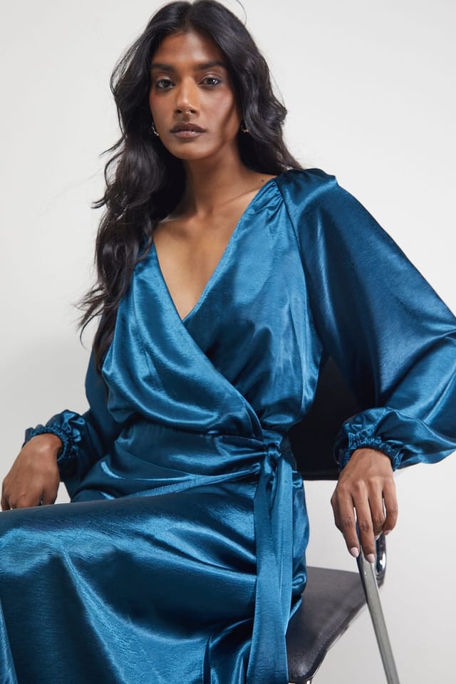 Warehouse Warehouse Women's Satin Tie Waist Wrap Ruffle Tier Maxi Dress in Teal - 2