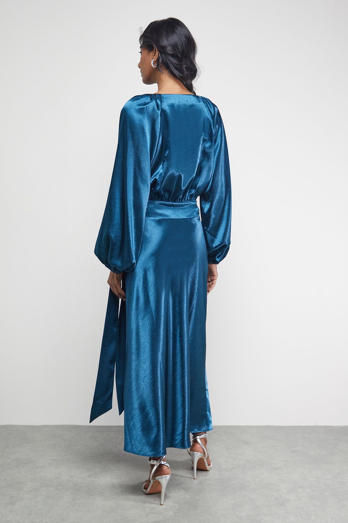 Warehouse Warehouse Women's Satin Tie Waist Wrap Ruffle Tier Maxi Dress in Teal - 3