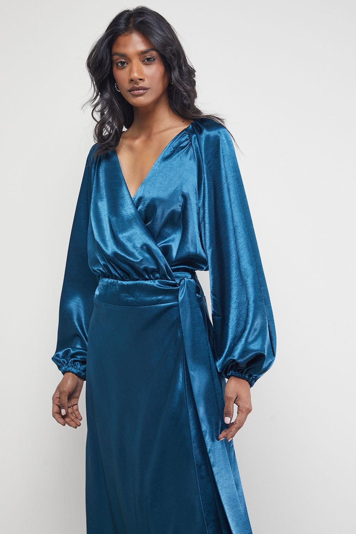 Warehouse Warehouse Women's Satin Tie Waist Wrap Ruffle Tier Maxi Dress in Teal - 4