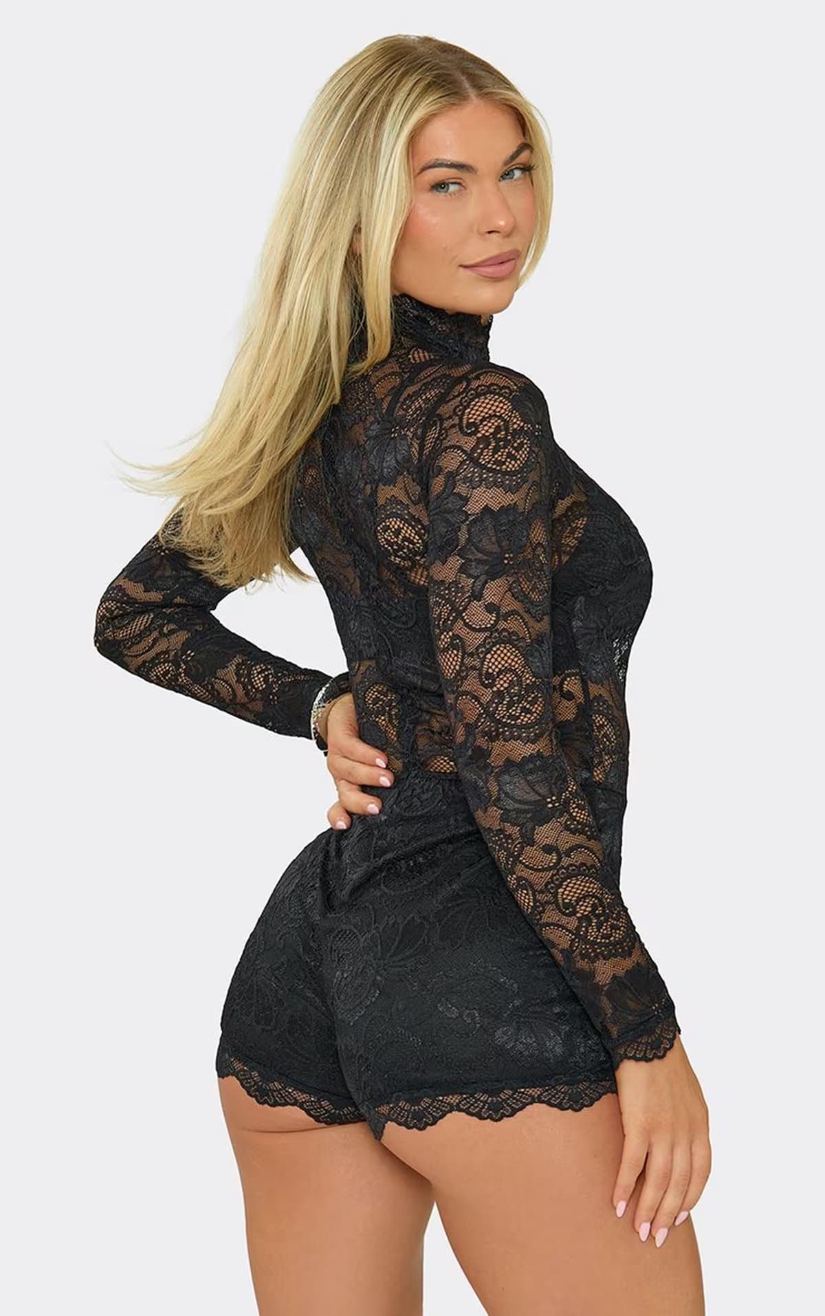 EGO Long Sleeve High Neck Playsuit In Black Lace, Women's Size UK 6