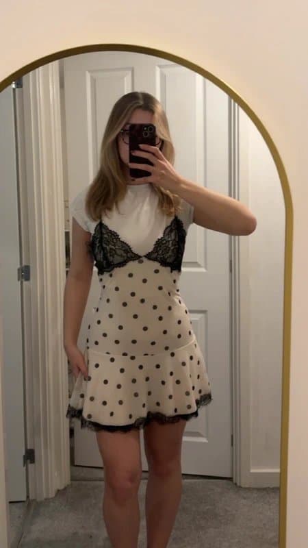 Bershka Strappy lace polka dot mini dress cream and white