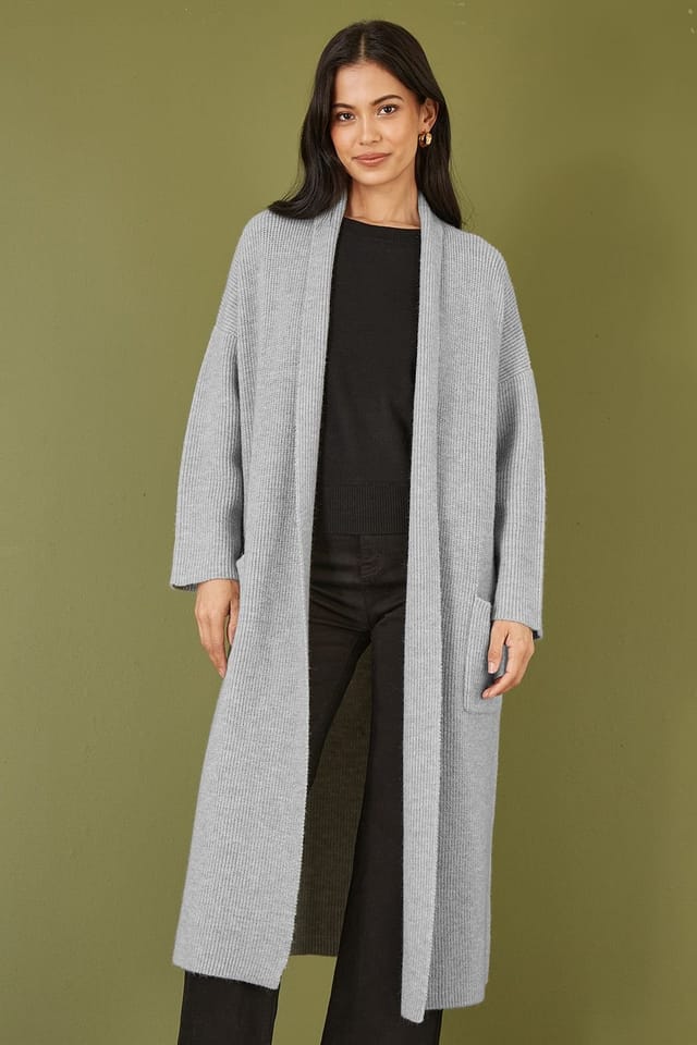 Yumi Yumi Women's Grey Knitted Maxi Cardigan With Pockets - 2