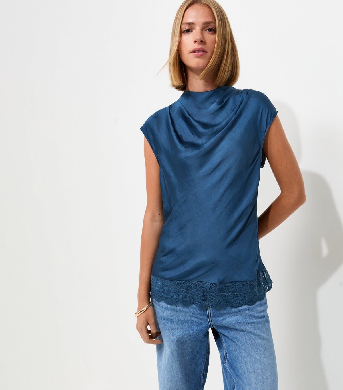 New Look Women's Navy Satin Cowl Neck Lace Hem Top New Look