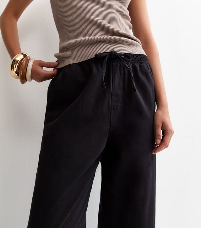 New Look Women's Black Cotton Twill Drawstring Wide Leg Trousers New Look - 2