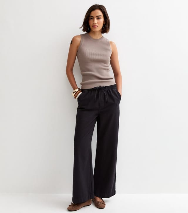 New Look Women's Black Cotton Twill Drawstring Wide Leg Trousers New Look - 3